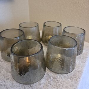 6pc Pottery Barn Smokey Luster Glass Ripple Candle Holder Centerpieces